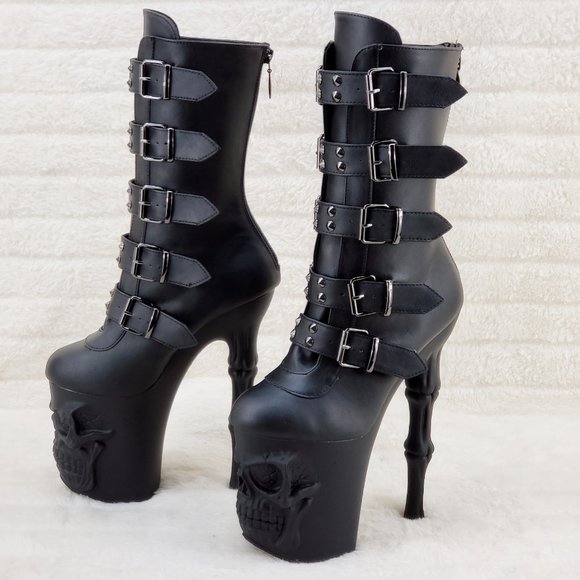 Skull & Bones Platform 8" Heel Mid Calf Boots Multiple Straps Vortex - Picture 4 of 16